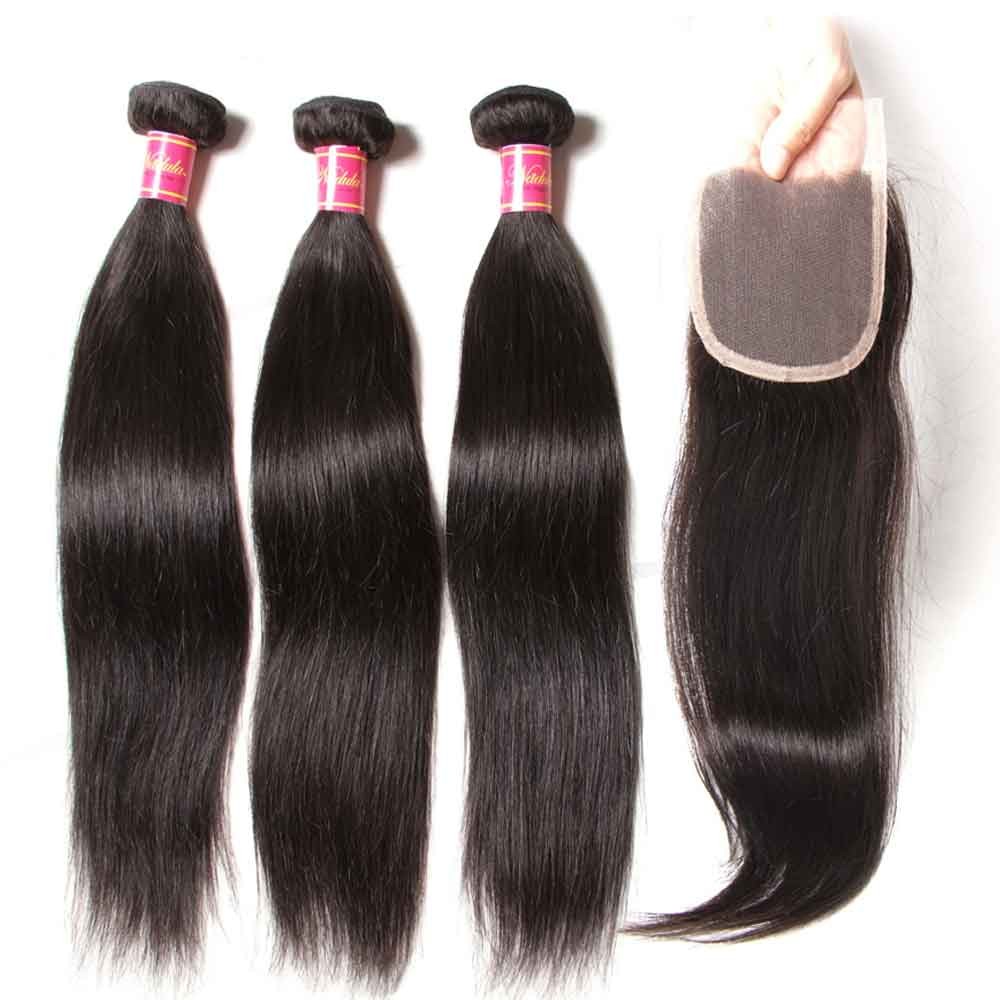 Idolra 4 Bundles Virgin Straight Human Hair Weave With Lace Frontal Closure